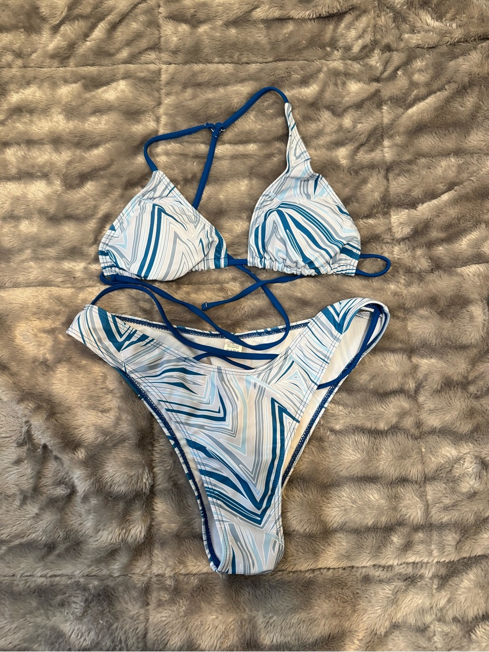 Blue Marble Print Triangle Bikini Set - Women Swim